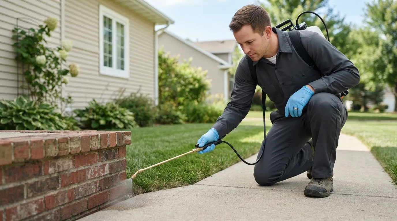 Pest control technician treating a home near North Ridgeville, OH