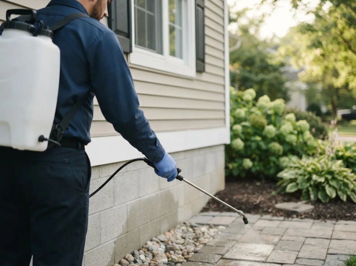 Pest control technician inspecting a home in North Ridgeville, OH